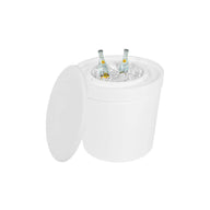The Ledge Lounger white, round cooler with a UV-resistant Signature Side Table Lid is open, displaying ice and two upright bottles, ideal for outdoor settings.