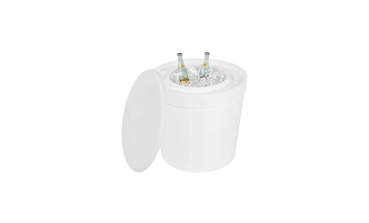 The Ledge Lounger white, round cooler with a UV-resistant Signature Side Table Lid is open, displaying ice and two upright bottles, ideal for outdoor settings.