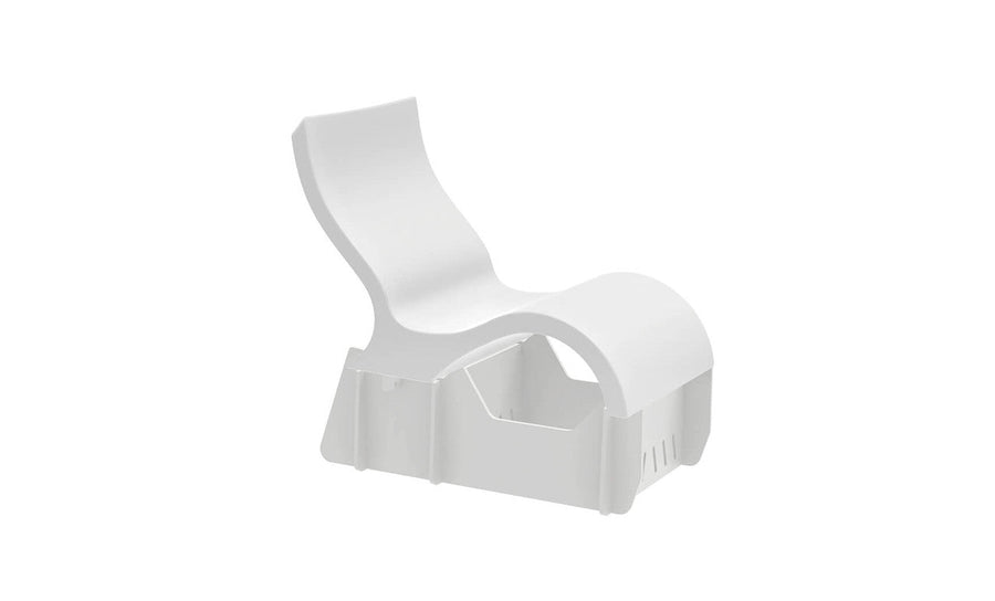 The Signature Lowback Chair Riser by Ledge Lounger is a modern white plastic lounger with a curved, ergonomic design and hollow base, perfect for in-pool seating. Its minimalist style includes open sections in the base for easy water drainage.