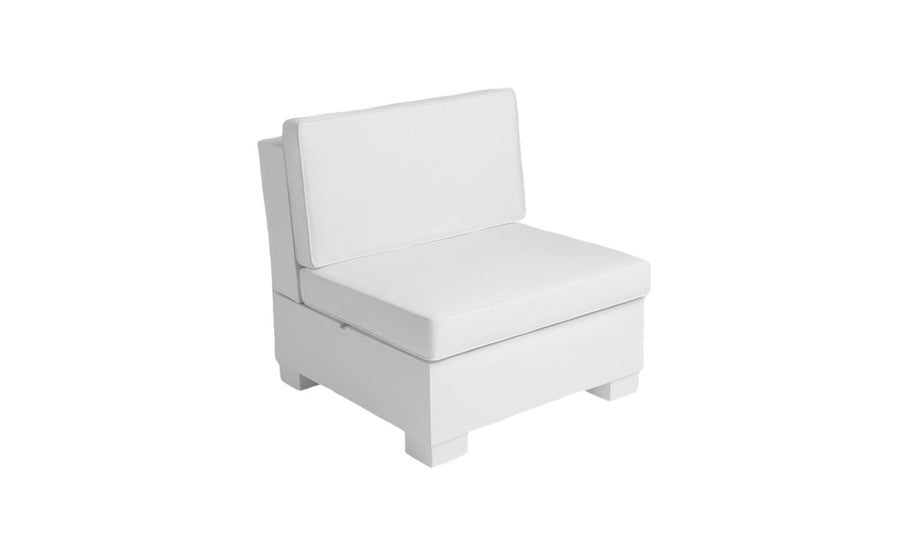 The Signature Sectional Middle by Ledge Lounger is a modern white armless chair featuring a minimalist two-piece cushion, square base, and rectangular backrest. Its sleek and simple design makes it perfect for contemporary interiors and is displayed against a plain white background.