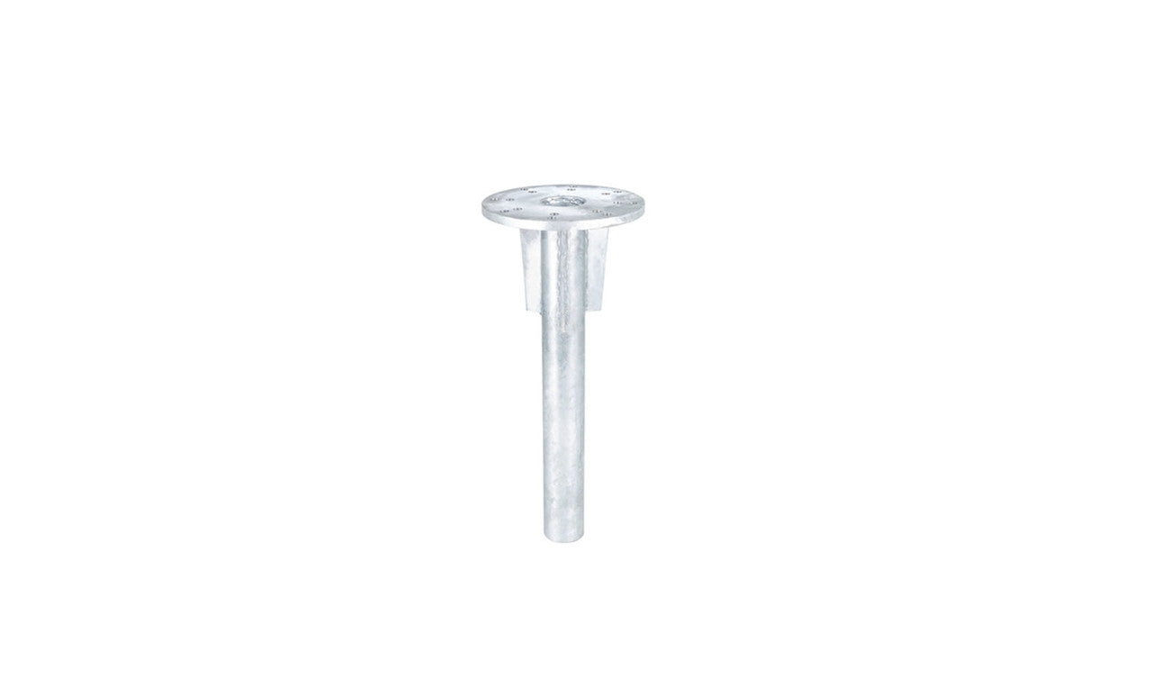 A metallic pin, resembling an umbrella shaft used in In-Ground Cantilever Mounts by Ledge Lounger, features a cylindrical form with a flat head dotted with small holes. It stands upright on a white background, highlighting its potential use in the mount system.
