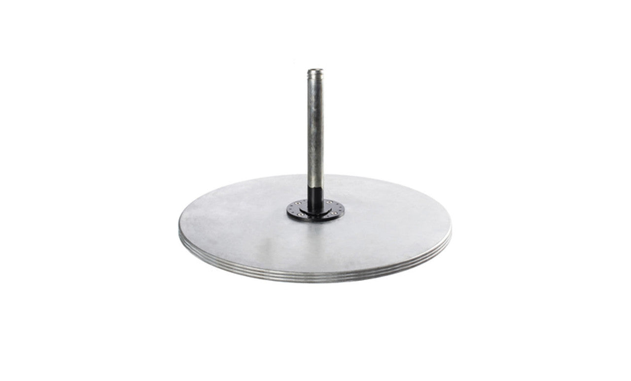 The Ledge Lounger Galvanized Steel Plate Stack Cantilever Base neatly supports a stack of sleek weight plates on a metal rod, set against a plain white background.