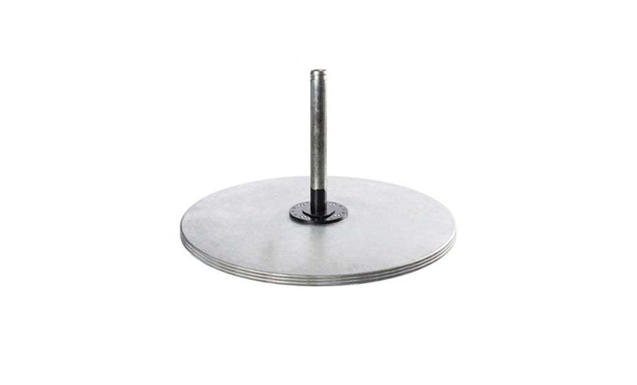 The Ledge Lounger Galvanized Steel Plate Stack Cantilever Base neatly supports a stack of sleek weight plates on a metal rod, set against a plain white background.