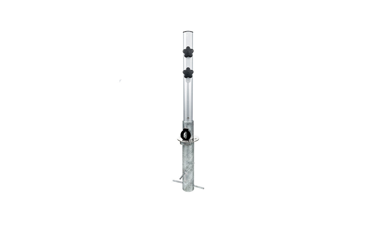 The Ledge Lounger In-Ground Umbrella Mount is a silver adjustable metal support rod for center pole umbrellas, featuring two black adjustment knobs and a cylindrical base with stabilizing rods. Its sophisticated design makes it perfect for blending into any outdoor setting.