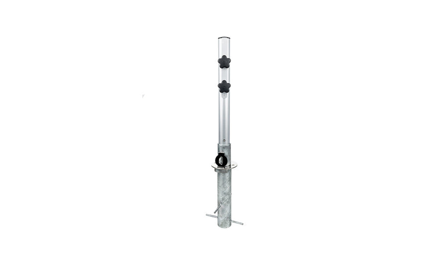 The Ledge Lounger In-Ground Umbrella Mount is a silver adjustable metal support rod for center pole umbrellas, featuring two black adjustment knobs and a cylindrical base with stabilizing rods. Its sophisticated design makes it perfect for blending into any outdoor setting.