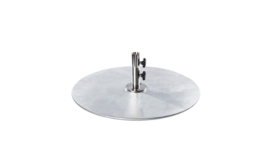 The Ledge Lounger Galvanized Steel Stack Umbrella Base is a round silver base with a cylindrical holder, featuring two adjustable knobs for securing center pole umbrellas, ensuring stability and compatibility with traditional designs.