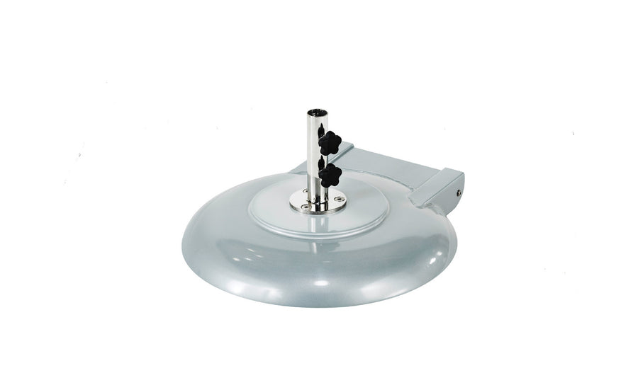 The Ledge Lounger Aluminum Umbrella Base features a silver circular base, a chrome vertical rod, and two adjustable black knobs. It stands on a white background, embodying sleek functionality for securing umbrellas.