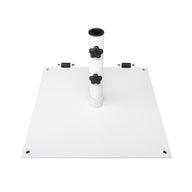 The Steel Plate Umbrella Base by Ledge Lounger features a central vertical pole with two adjustable black knobs for height and a stable white metal stand. The base has corner holes for secure mounting, and its powder-coated finish ensures durability.