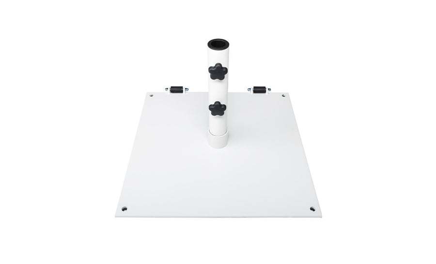 The Steel Plate Umbrella Base by Ledge Lounger features a central vertical pole with two adjustable black knobs for height and a stable white metal stand. The base has corner holes for secure mounting, and its powder-coated finish ensures durability.