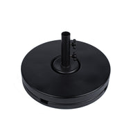 The Ledge Lounger Resin Coated Concrete Umbrella Base is smooth and flat with a black finish. It includes a central pole holder and two tightening knobs, ensuring stability for center pole umbrellas to enhance your outdoor dining experience.