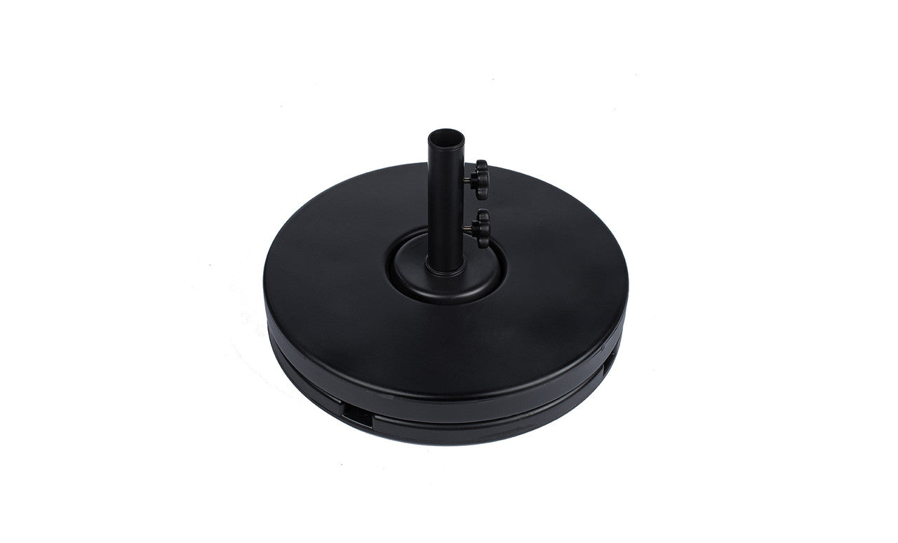 The Ledge Lounger Resin Coated Concrete Umbrella Base is smooth and flat with a black finish. It includes a central pole holder and two tightening knobs, ensuring stability for center pole umbrellas to enhance your outdoor dining experience.