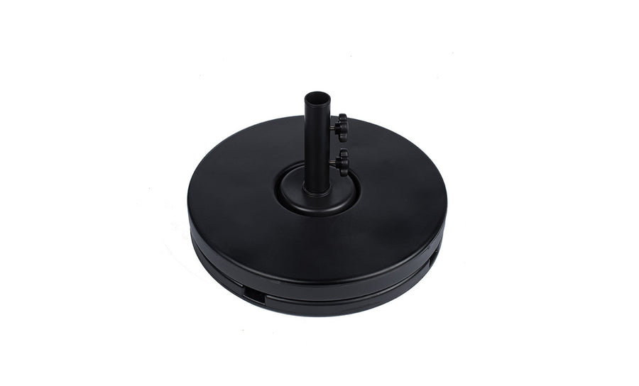 The Ledge Lounger Resin Coated Concrete Umbrella Base is smooth and flat with a black finish. It includes a central pole holder and two tightening knobs, ensuring stability for center pole umbrellas to enhance your outdoor dining experience.