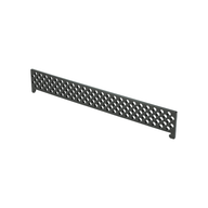 A Ledge Lounger Table Tennis Net, shown against a white background, features a black, rectangular metal frame with a pattern of evenly spaced holes and adjustable feet.