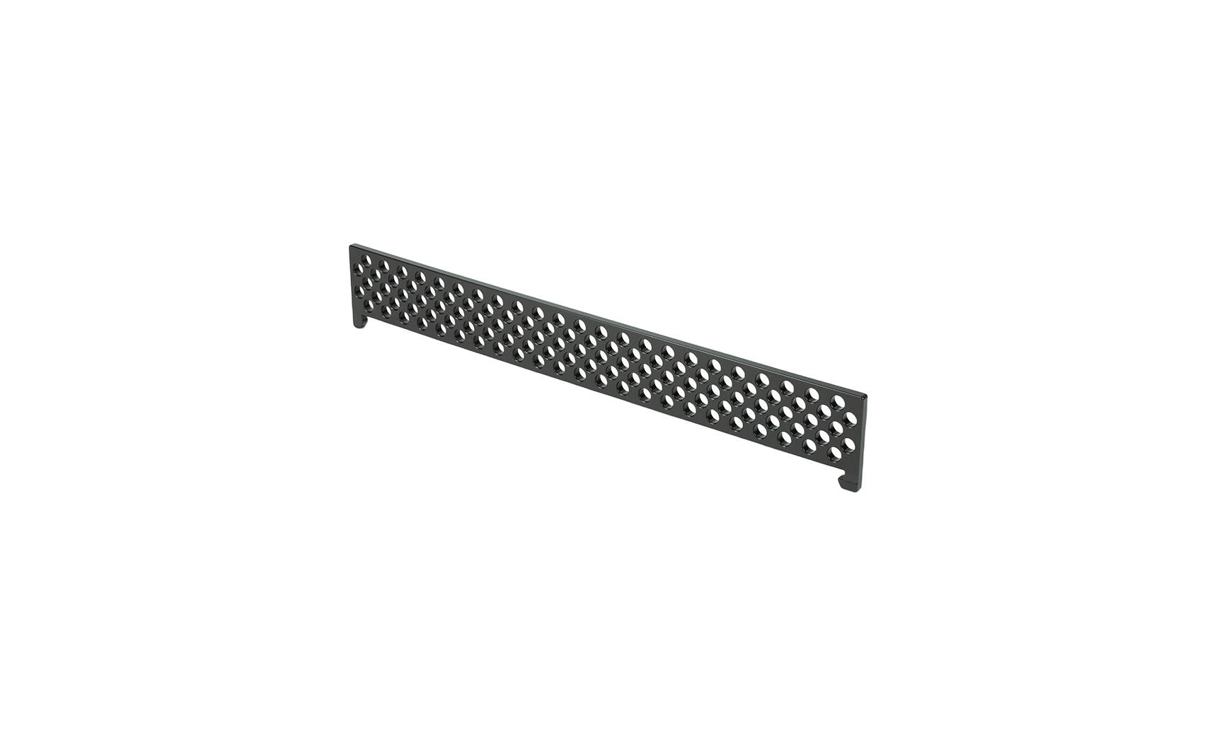 A Ledge Lounger Table Tennis Net, shown against a white background, features a black, rectangular metal frame with a pattern of evenly spaced holes and adjustable feet.