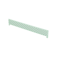 A rectangular, perforated metal Table Tennis Net by Ledge Lounger in light green, with evenly spaced round holes and notched ends—perfect for pairing with Ledge Lounger products—shown isolated on a white background.