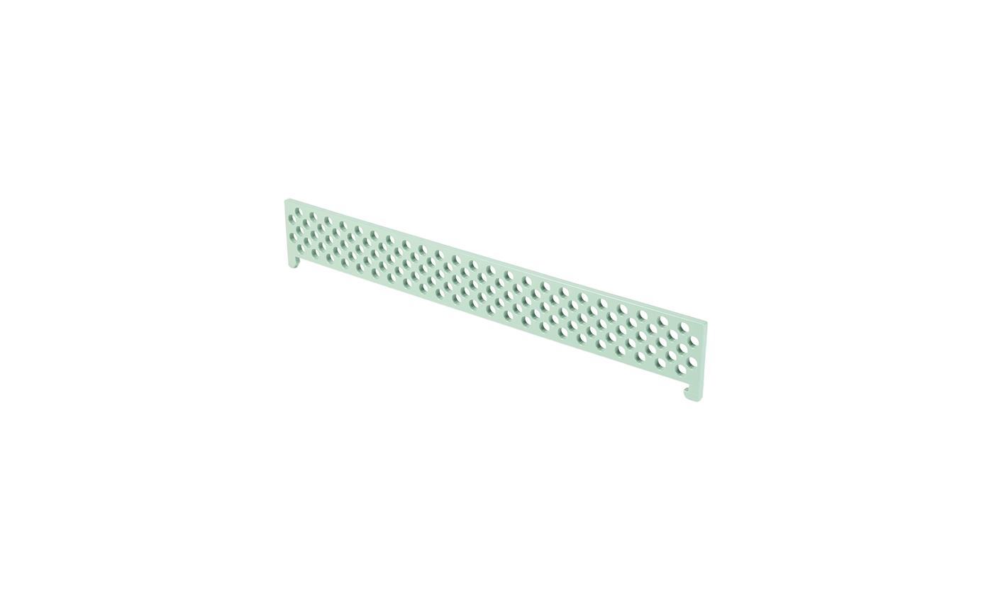 A rectangular, perforated metal Table Tennis Net by Ledge Lounger in light green, with evenly spaced round holes and notched ends—perfect for pairing with Ledge Lounger products—shown isolated on a white background.