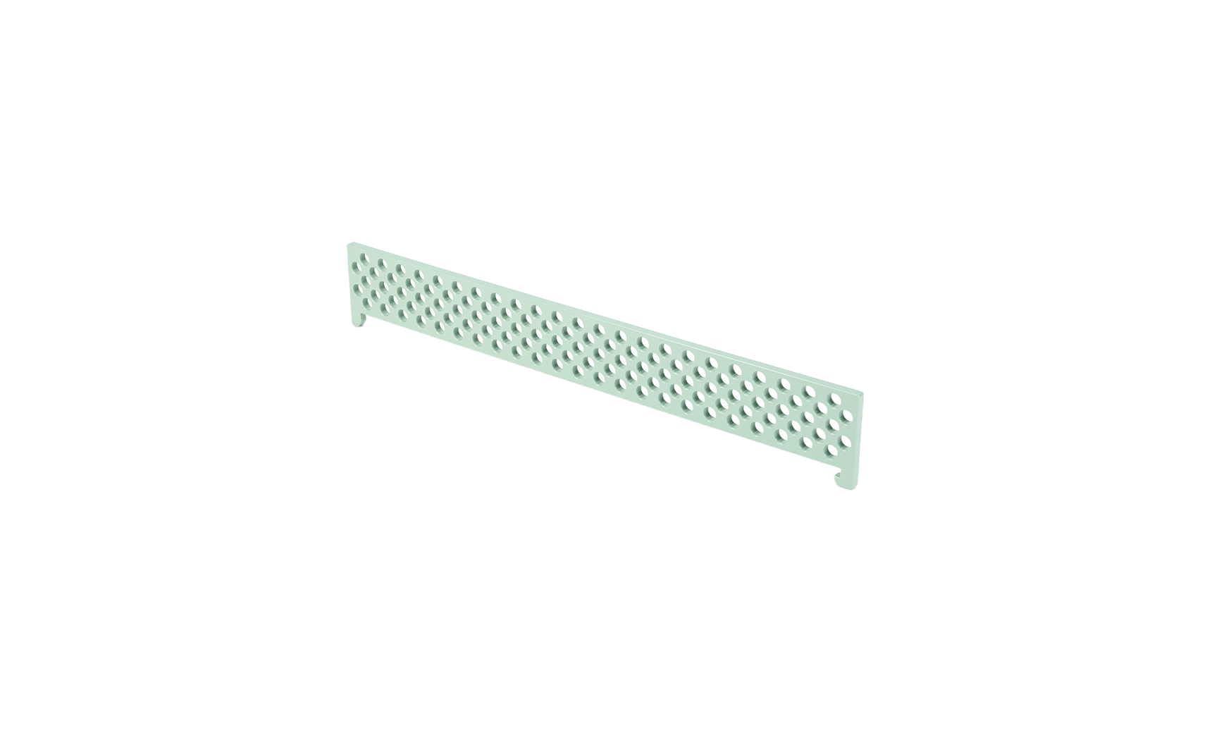 A rectangular, perforated metal Table Tennis Net by Ledge Lounger in light green, with evenly spaced round holes and notched ends—perfect for pairing with Ledge Lounger products—shown isolated on a white background.