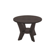 The Mainstay Round Side Table by Ledge Lounger features a small, dark wooden circular top and three angled legs connected at the base, making it perfect for adding a touch of minimalistic design to your outdoor space.