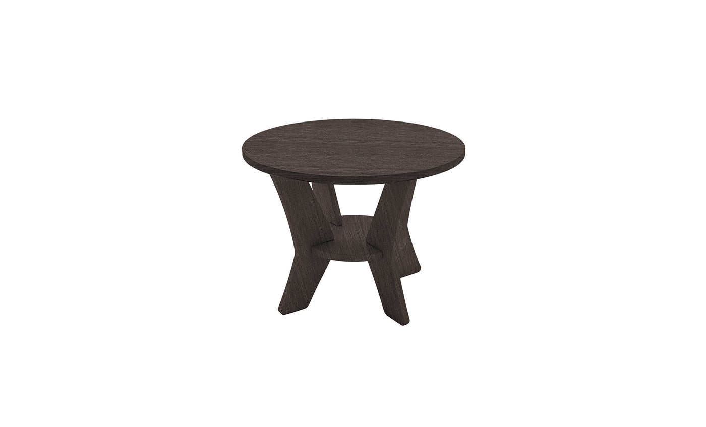 The Mainstay Round Side Table by Ledge Lounger features a small, dark wooden circular top and three angled legs connected at the base, making it perfect for adding a touch of minimalistic design to your outdoor space.