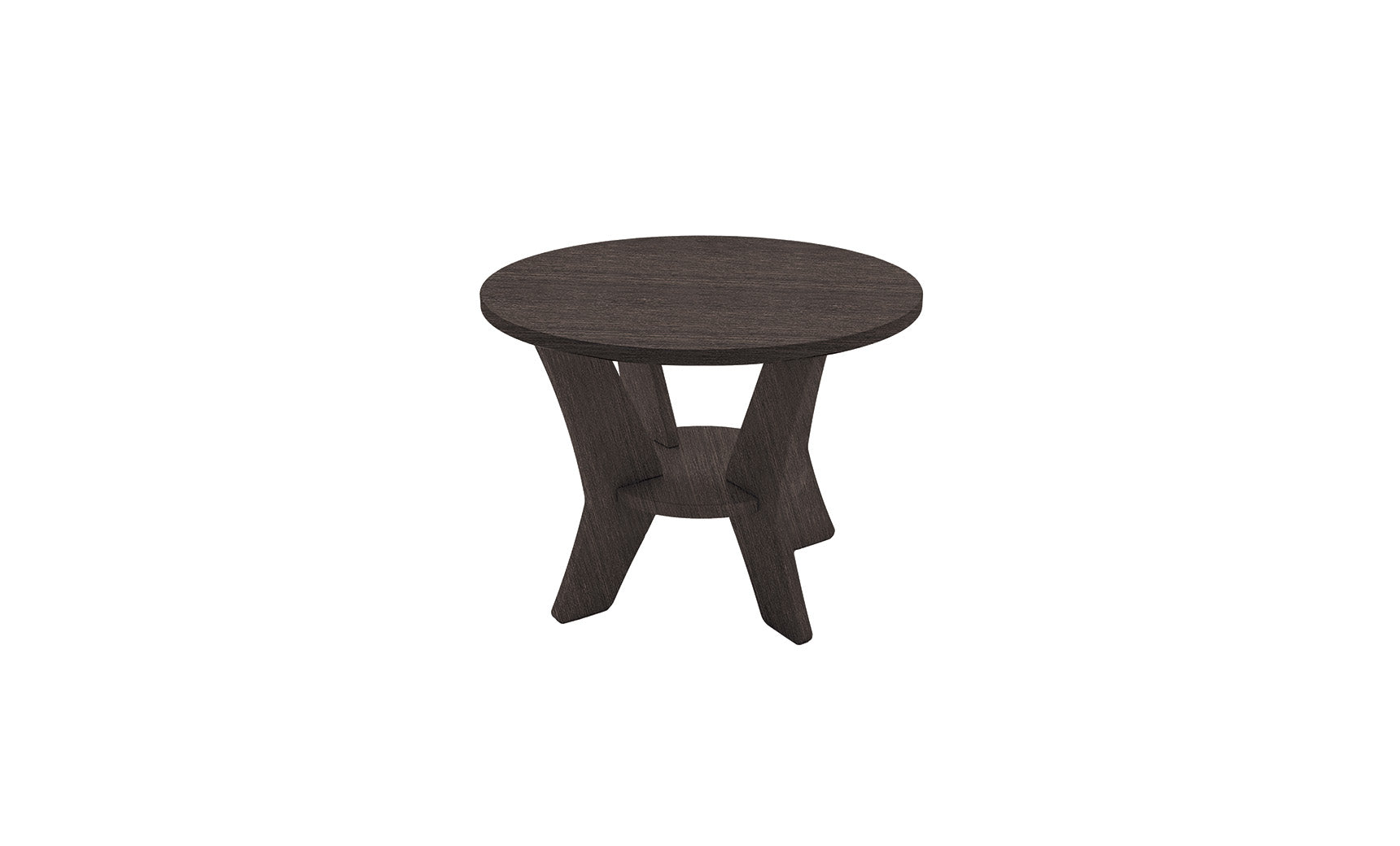 The Mainstay Round Side Table by Ledge Lounger features a small, dark wooden circular top and three angled legs connected at the base, making it perfect for adding a touch of minimalistic design to your outdoor space.
