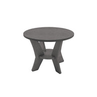 The Mainstay Round Side Table by Ledge Lounger is a small, round gray wooden table ideal for your outdoor space. It features a circular top and three angled legs with a circular support, offering a minimalistic and modern design.