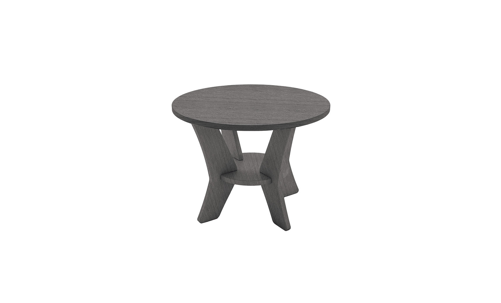 The Mainstay Round Side Table by Ledge Lounger is a small, round gray wooden table ideal for your outdoor space. It features a circular top and three angled legs with a circular support, offering a minimalistic and modern design.