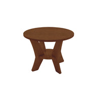 The Mainstay Round Side Table by Ledge Lounger boasts a minimalistic design with a small round wooden top and three angled legs linked by a circular shelf, featuring a smooth finish perfect for any outdoor space.
