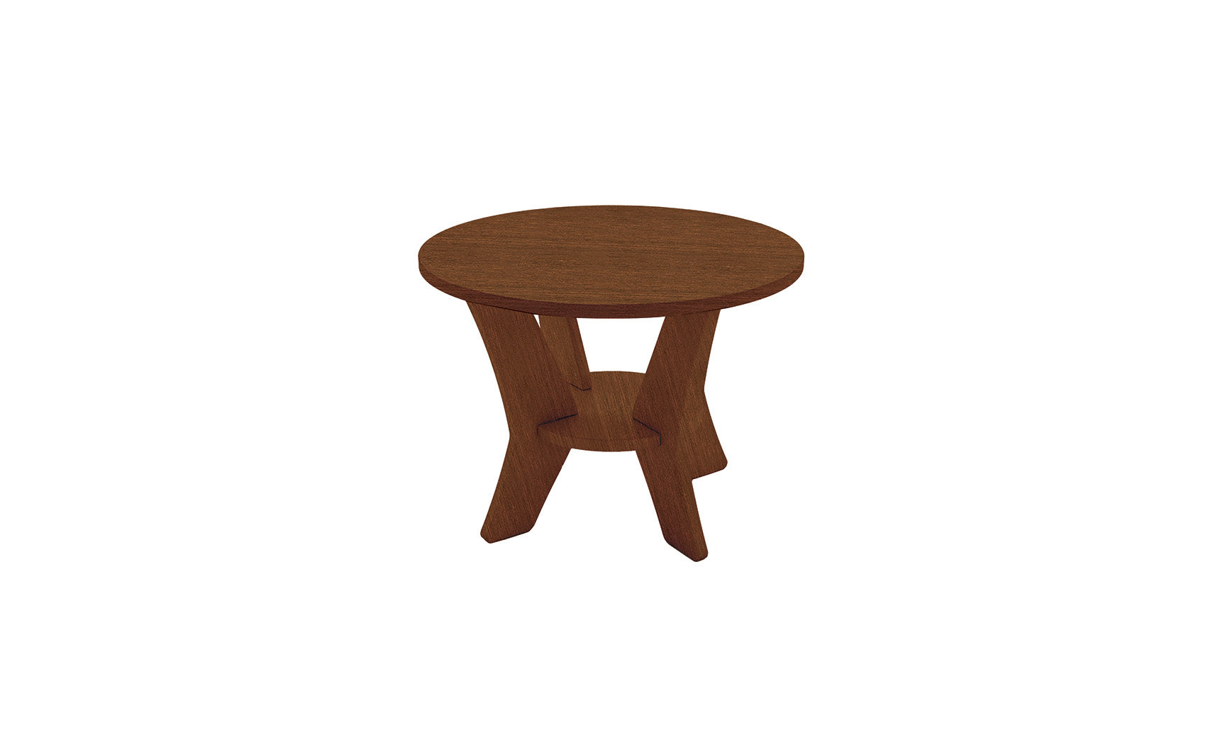 The Mainstay Round Side Table by Ledge Lounger boasts a minimalistic design with a small round wooden top and three angled legs linked by a circular shelf, featuring a smooth finish perfect for any outdoor space.
