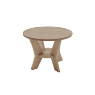 The Mainstay Round Side Table by Ledge Lounger, ideal for outdoor settings, features a minimalistic design with three curved legs and a circular lower support. Its light wood finish elegantly showcases the grain texture against a plain white background.