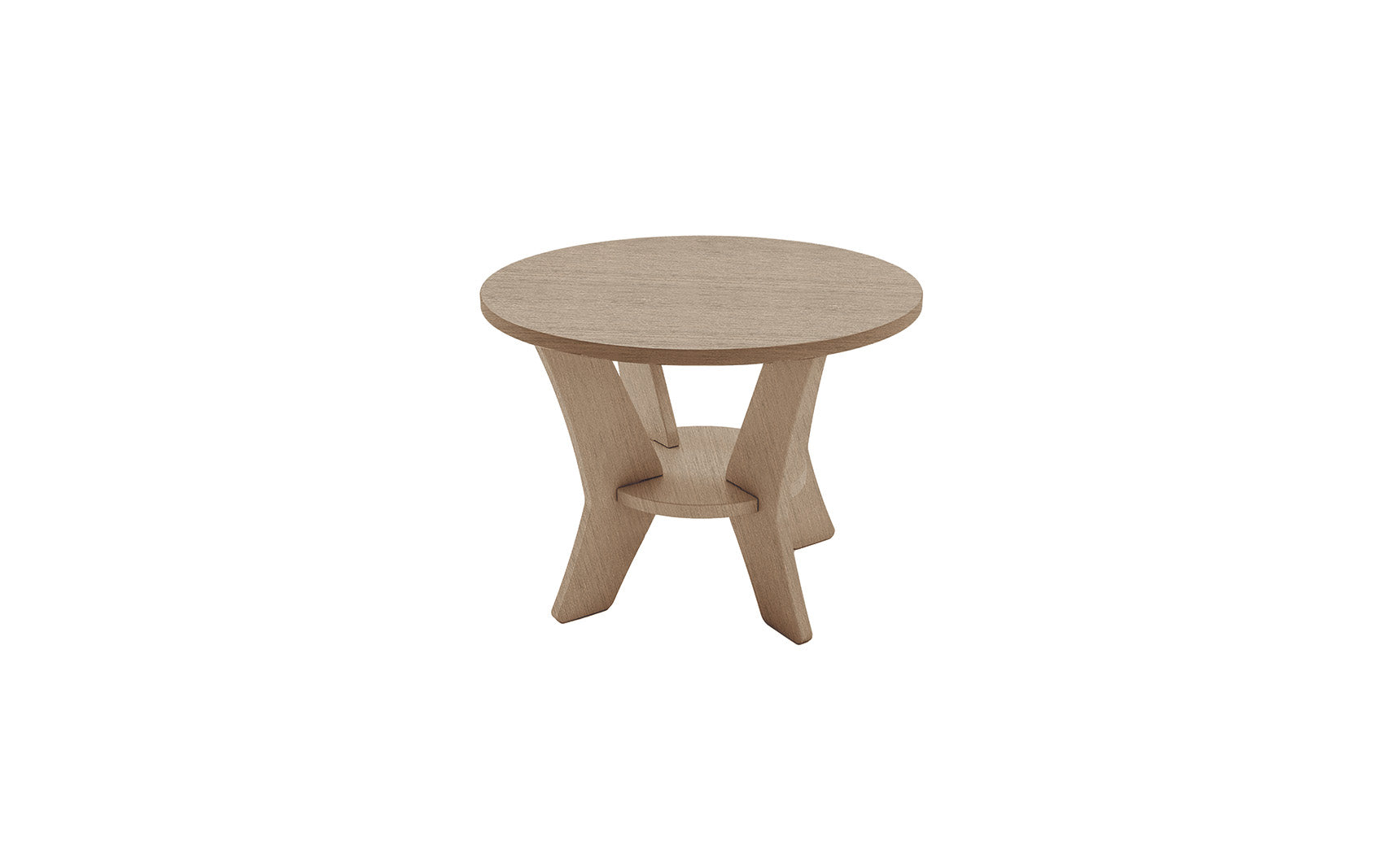 The Mainstay Round Side Table by Ledge Lounger, ideal for outdoor settings, features a minimalistic design with three curved legs and a circular lower support. Its light wood finish elegantly showcases the grain texture against a plain white background.
