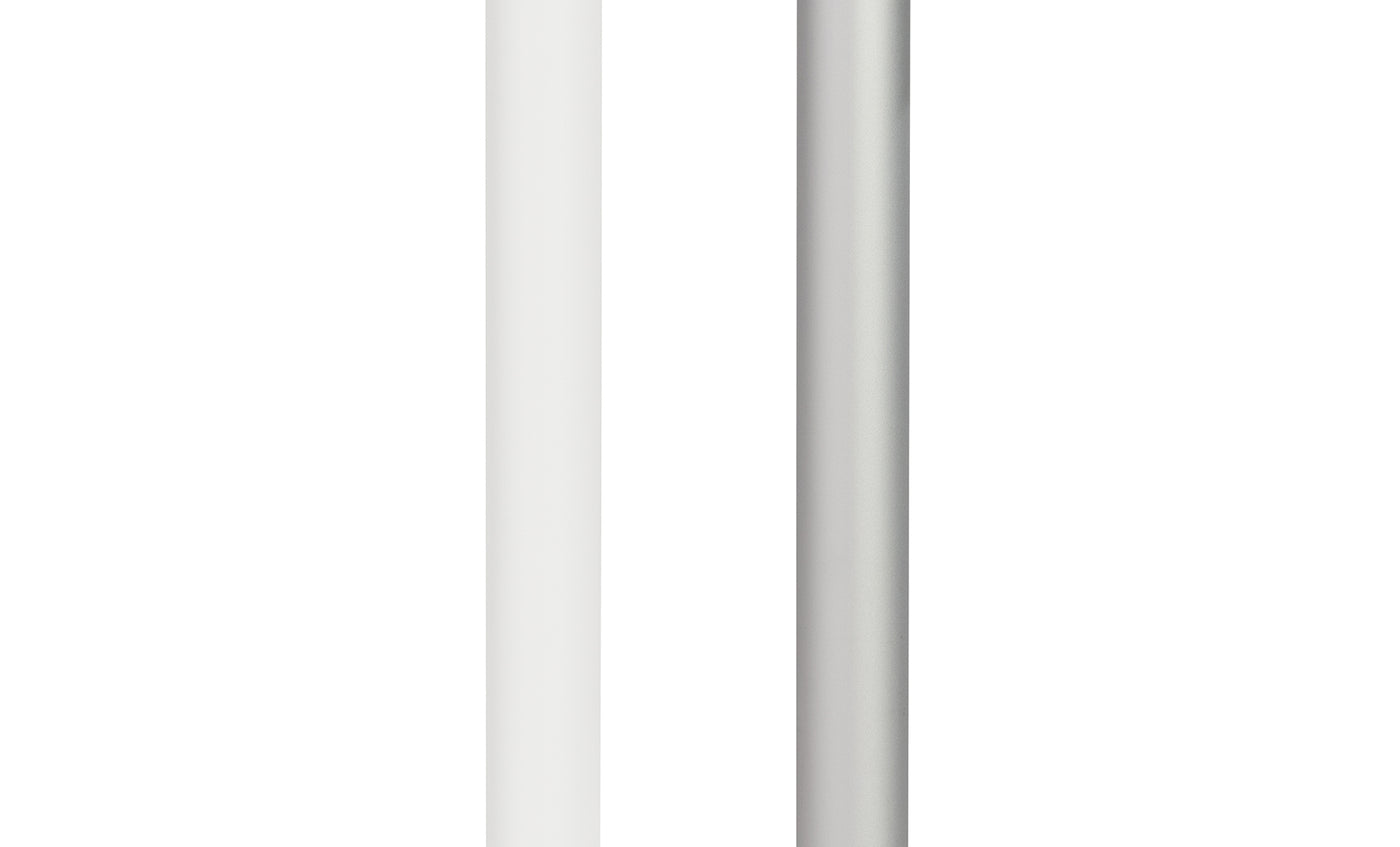 Two minimalist pencils stand vertically against a white background, one in crisp white and the other in metallic silver. Their sleek design echoes the sophistication of Ledge Loungers 6.5 Square Signature 360° Tilt Umbrella, combining simplicity with elegance.