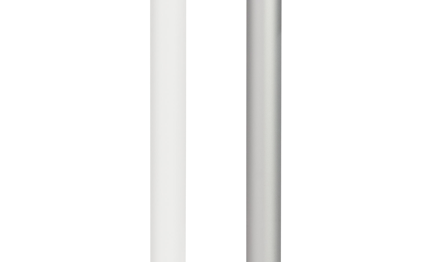 Two minimalist pencils stand vertically against a white background, one in crisp white and the other in metallic silver. Their sleek design echoes the sophistication of Ledge Loungers 6.5 Square Signature 360° Tilt Umbrella, combining simplicity with elegance.