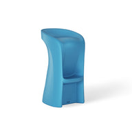 The Signature Barstool Bar Height by Ledge Lounger is a modern, blue plastic stool with a high curved backrest and footrest. Its sleek abstract design and smooth weatherproof surface make it ideal for outdoor entertaining, standing gracefully on a white background.