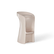 The Ledge Lounger Signature Barstool Bar Height is a modern, beige plastic stool with a curved backrest and integrated seat. Its sleek, minimalist design features smooth surfaces and single-piece construction, ideal for outdoor entertaining as a weatherproof addition to your poolside oasis.