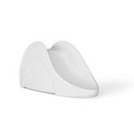 The Signature Slide by Ledge Lounger is a sleek, white shoe display stand with a modern curved design. It elegantly showcases a single shoes heel and sole with a smooth, glossy finish, ideal for highlighting footwear elegance.
