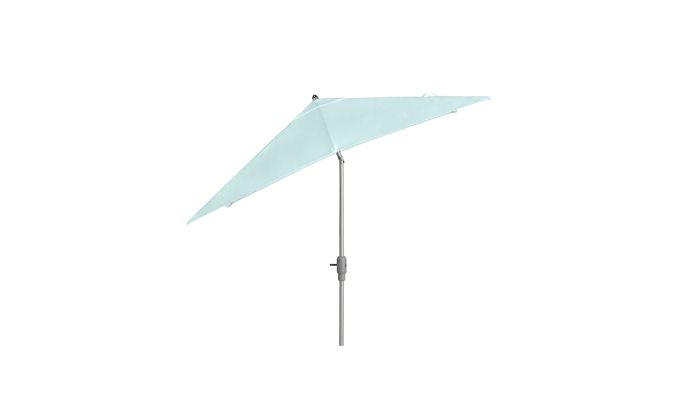 Ledge Loungers 8.5 Square Signature 360° Tilt Umbrella in mint green, crafted with premium outdoor materials, features a sleek, adjustable gray pole. Ideal for elegant outdoor settings, it is showcased on a white background.