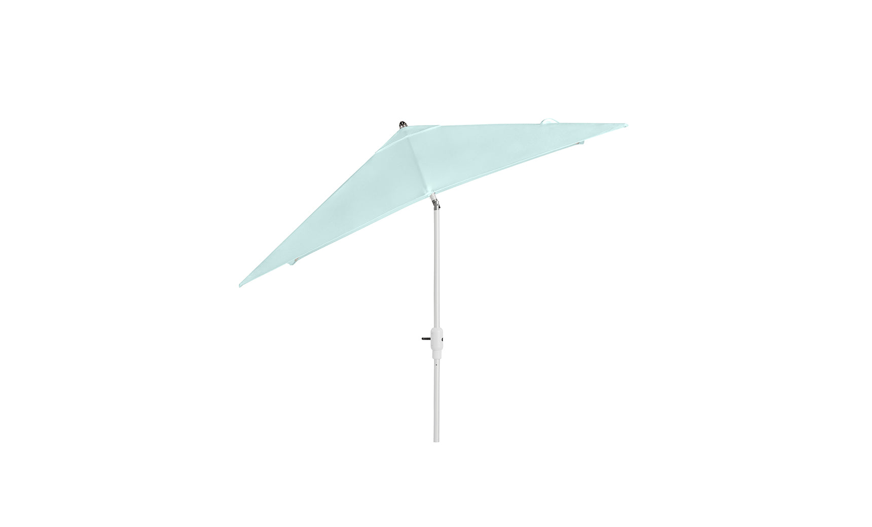 The 8.5 Square Signature 360° Tilt Umbrella by Ledge Lounger features a light blue canopy and white pole, tilted to the side, on a white background.