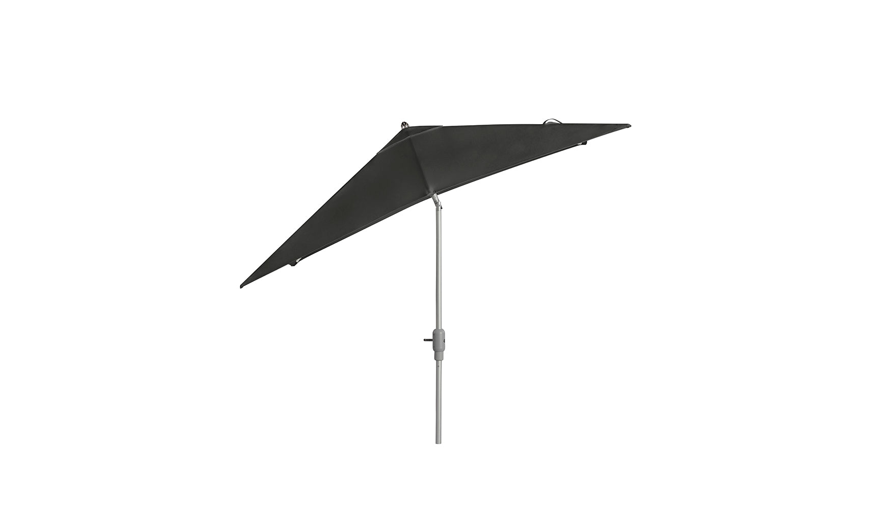 The Ledge Lounger 8.5 Square Signature 360° Tilt Umbrella, with a sleek silver pole in a dark green triangular design, epitomizes resort-level elegance as it stands against a white background.