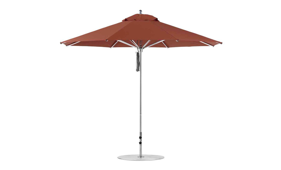 The Ledge Lounger Premier Aluminum Umbrella - 11 Octagon Pulley features a brown canopy of marine-grade fabric, supported by a silver pole with a round base. Its eight-panel design is fully open, offering wind-resistant shade for outdoor settings.