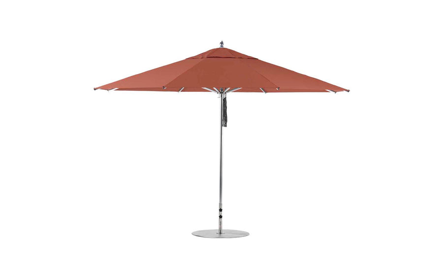 The Ledge Lounger Premier Aluminum Umbrella - 13 Octagon Pulley, with a metal pole and base, is fully open against a white background. Made of high-quality materials for wind resistance, it ensures reliable outdoor use.