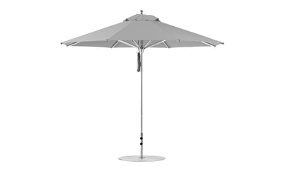 The Ledge Lounger Premier Aluminum Umbrella - 11 Octagon Pulley boasts a gray outdoor patio design with an octagonal canopy and metal pole on a circular base. Its marine-grade fabrics ensure durability, standing proudly against a plain white background.