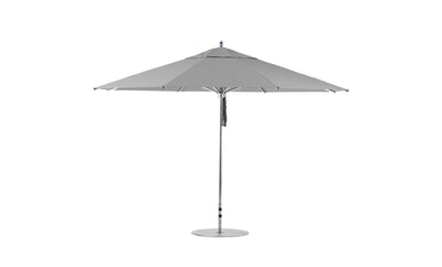 The Ledge Lounger Premier Aluminum Umbrella - 13 Octagon Pulley, made from top-notch materials, features a spacious gray canopy with a central metal pole. Its wind-resistant design and evenly spaced ribs are highlighted against a white background.