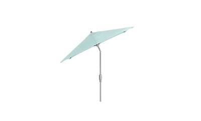 The 6.5 Square Signature 360° Tilt Umbrella by Ledge Lounger is mint green with a gray pole. It features a side-opening design, rustproof frame, and wind-resistant construction.