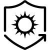 Icon of a sun inside a shield, with an arrow on the bottom right corner extending outward, suggesting protection or endurance related to sunlight.