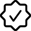 A simple black outline of a badge with eight points, featuring a bold checkmark in the center.