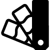 Icon of a color palette, showing several overlapping squares in a fan arrangement. The palette has a hole at the bottom, often used for holding or attaching to a ring. Its depicted in a solid black silhouette style.