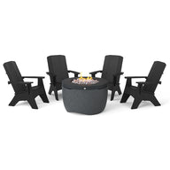 The Halo Aglow Bundle by Ledge Lounger features four black outdoor chairs encircling a round gray fire pit table adorned with decorative stones, set against a white background.
