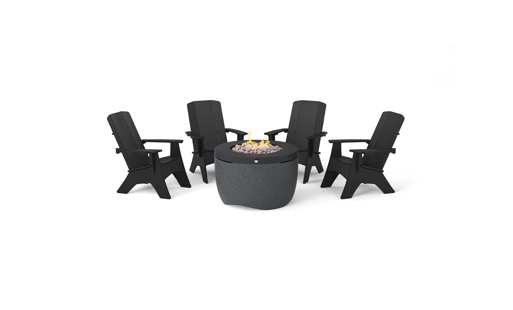 The Halo Aglow Bundle by Ledge Lounger features four black outdoor chairs encircling a round gray fire pit table adorned with decorative stones, set against a white background.