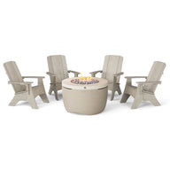 The Halo Aglow Bundle from Ledge Lounger features four beige Adirondack chairs arranged around a circular fire pit table with a smooth stone surface and decorative stones around the central flame, all set against a plain white background.