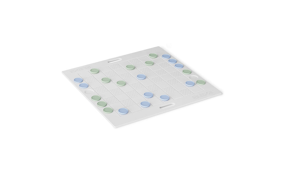 The Ledge Lounger Checkers & Tic Tac Toe board features a white checkered design with green and blue pieces. The grid pattern and side handles suggest a setup perfect for strategic abstract or giant lawn games.
